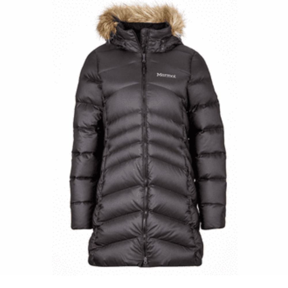 MARMOT WOMEN’S MONTREAL 700 DOWN FILLED BLACK  LONG COAT WITH HOOD SZ S/ P